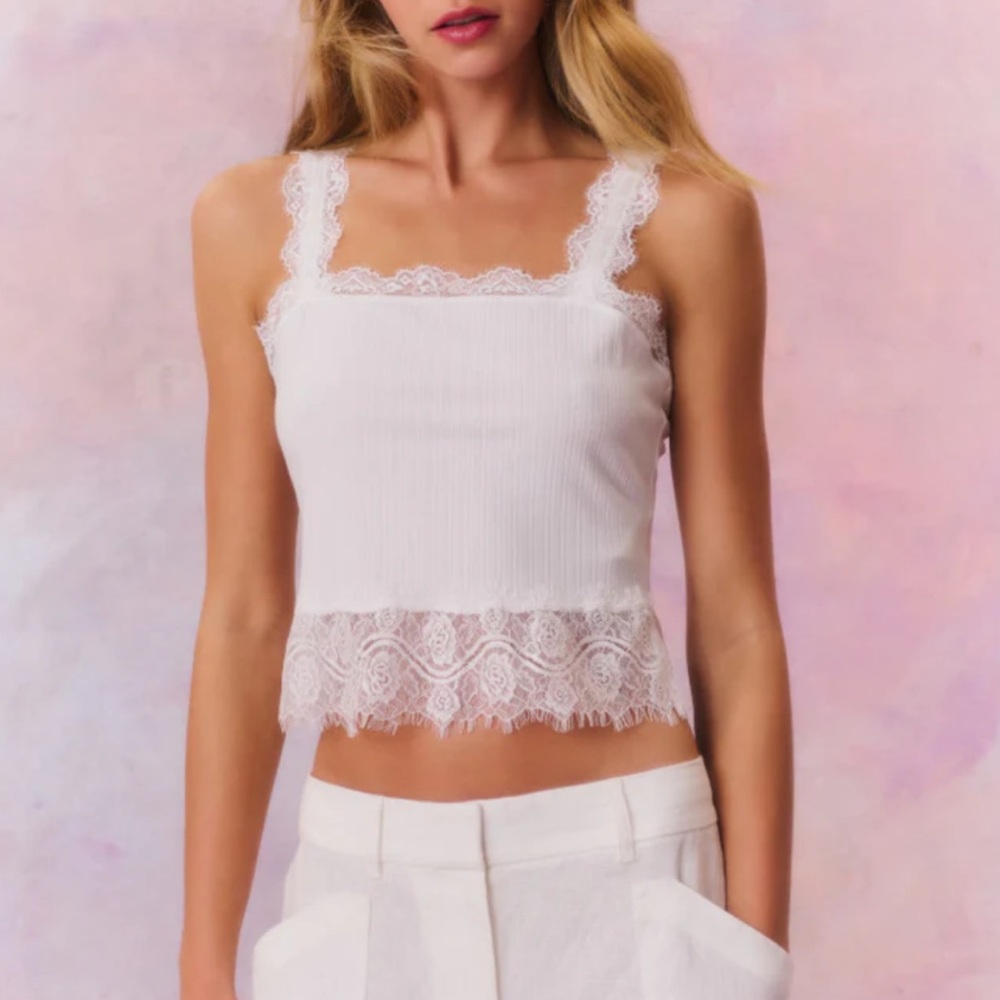 LoveShackFancy Septa Ribbed Knit Lace Cami White NWT